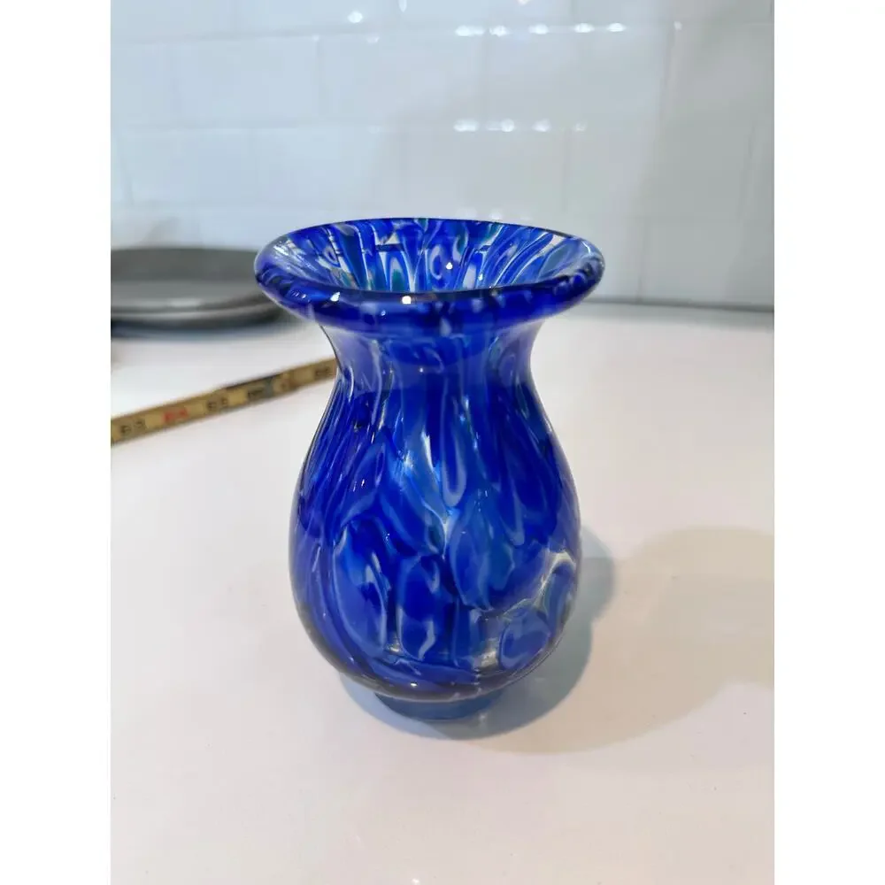 Vintage Cobalt Blue Swirl Art Glass Vase
